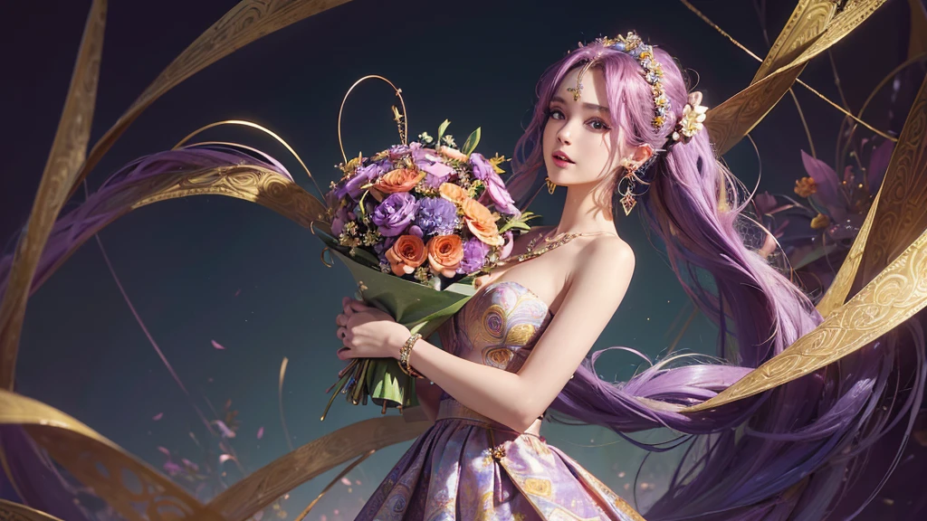 32K, 最高quality, 最高masterpiece, (ultra-Detailed Background, Detailed Background), High resolution, Super detailed, Very detailedな, 1 personの, (bouquet:1.3), (Tangled:1.2), (Geometric:1.2),(colorful),(masterpiece, quality, best quality, Official Art, Beautiful and beautiful:1.2), (1 person:1.3), Very detailed,(colorful:1.1)(Flowers:1.3),Most detailed,(Tangled:1.2), whole body, (Abstract background:1.3), (Skin glows), (Many colors:1.4), ,(Earrings Jewelry:1.5), Purple-red pale background, It's imaginative., Milk tea colored hair,