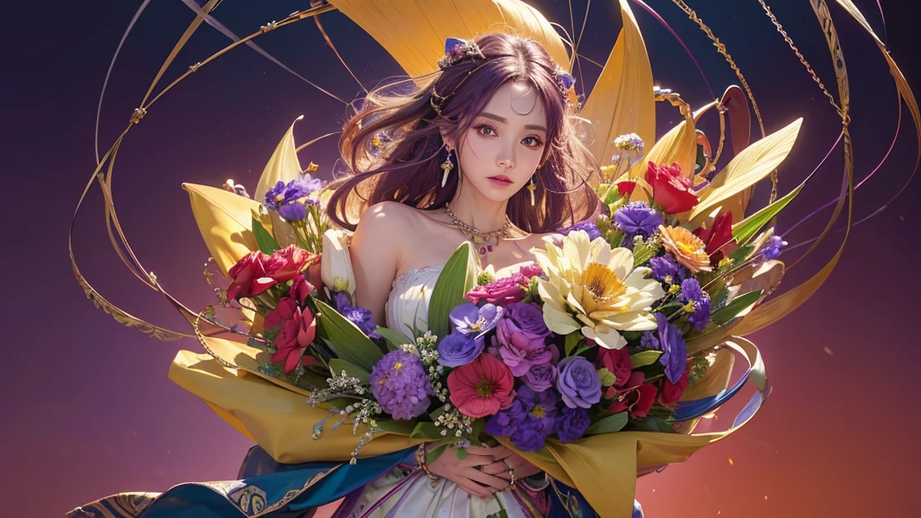 32K, 最高quality, 最高masterpiece, (ultra-Detailed Background, Detailed Background), High resolution, Super detailed, Very detailedな, 1 personの, (bouquet:1.3), (Tangled:1.2), (Geometric:1.2),(colorful),(masterpiece, quality, best quality, Official Art, Beautiful and beautiful:1.2), (1 person:1.3), Very detailed,(colorful:1.1)(Flowers:1.3),Most detailed,(Tangled:1.2), whole body, (Abstract background:1.3), (Skin glows), (Many colors:1.4), ,(Earrings Jewelry:1.5), Purple-red pale background, It's imaginative., Milk tea colored hair,