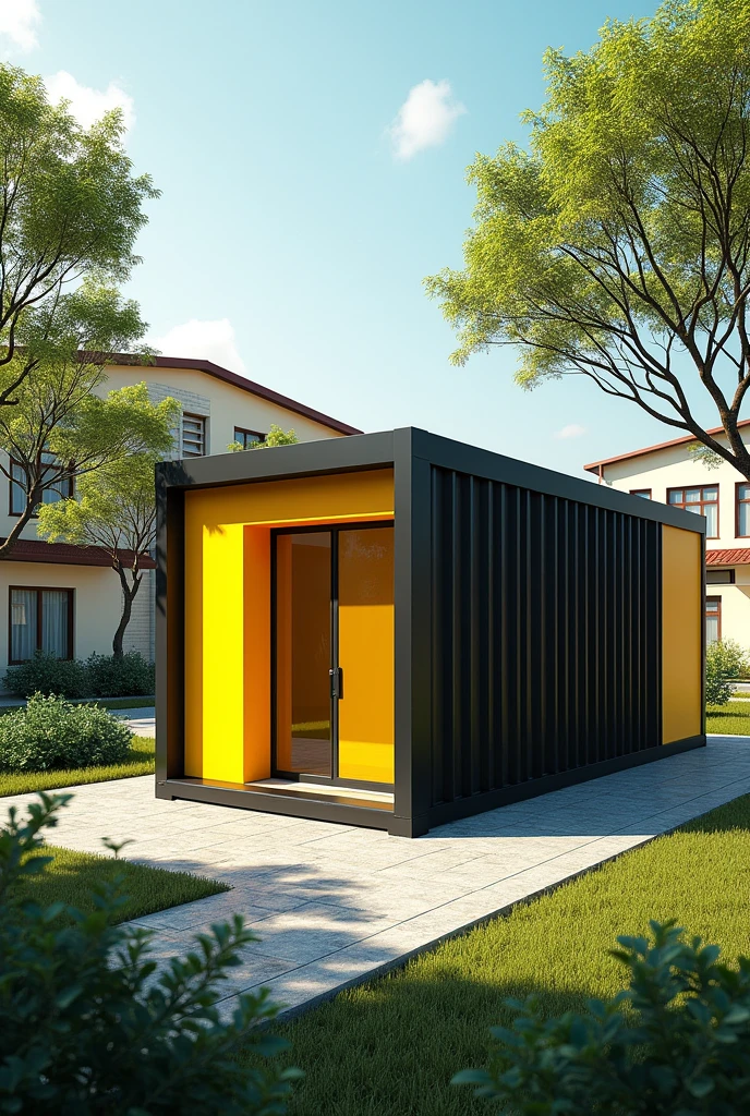 The container cabin is painted yellow and black. In the school grounds.realistic