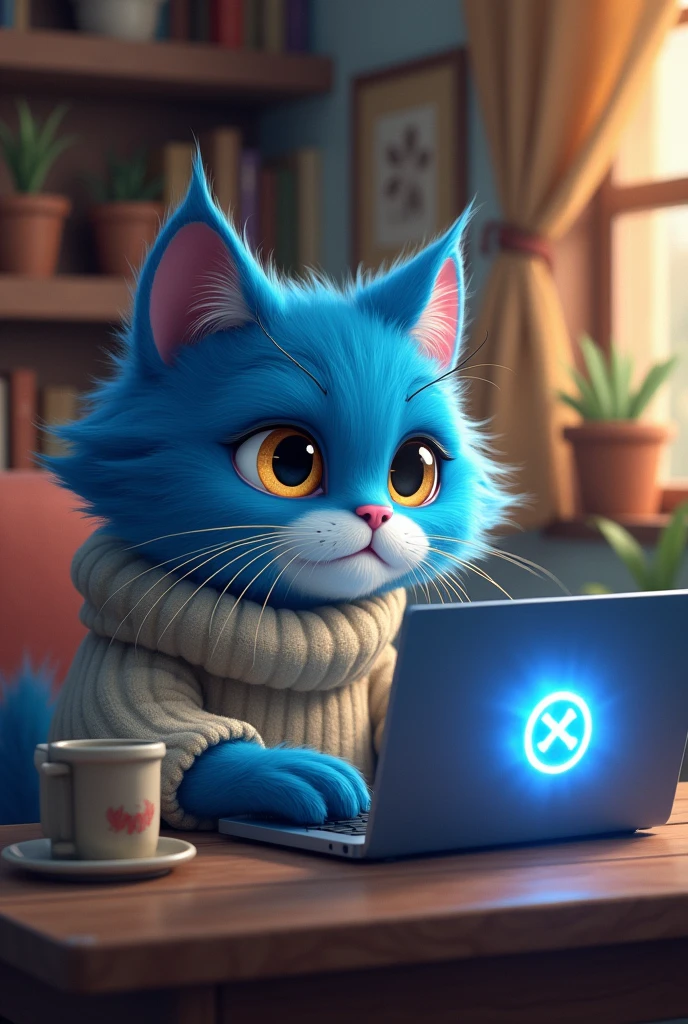 blue cat with laptop