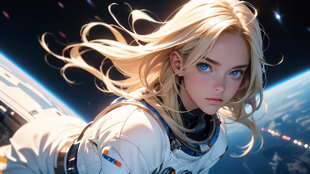 An ultra hot gorgeous European woman. Age23. Blonde straight hair. astronaut clothes white and blue provocative | floating in the space. space background. Perfect anatomy, perfect hair, perfect breast, perfect body, perfect hands, perfect face, perfect eyes, accurate, anatomically correct, perfect clear and crisp focus, UHD, masterpiece, ((blurry background))