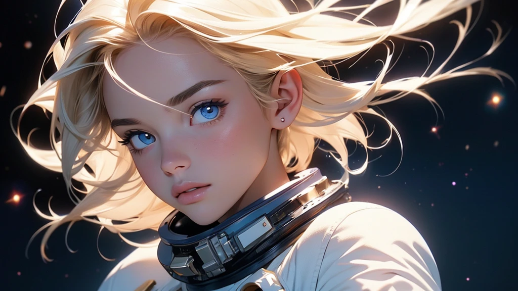 An ultra hot gorgeous European woman. Age23. Blonde straight hair. astronaut clothes white and blue provocative | floating in the space. space background. Perfect anatomy, perfect hair, perfect breast, perfect body, perfect hands, perfect face, perfect eyes, accurate, anatomically correct, perfect clear and crisp focus, UHD, masterpiece, ((blurry background))