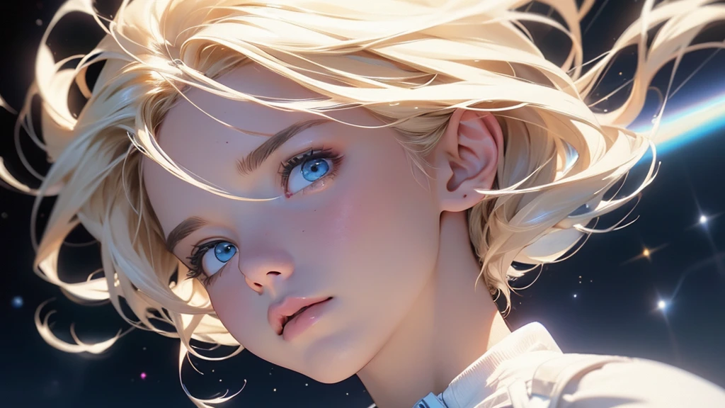 An ultra hot gorgeous European woman. Age23. Blonde straight hair. astronaut clothes white and blue provocative | floating in the space. space background. Perfect anatomy, perfect hair, perfect breast, perfect body, perfect hands, perfect face, perfect eyes, accurate, anatomically correct, perfect clear and crisp focus, UHD, masterpiece, ((blurry background))