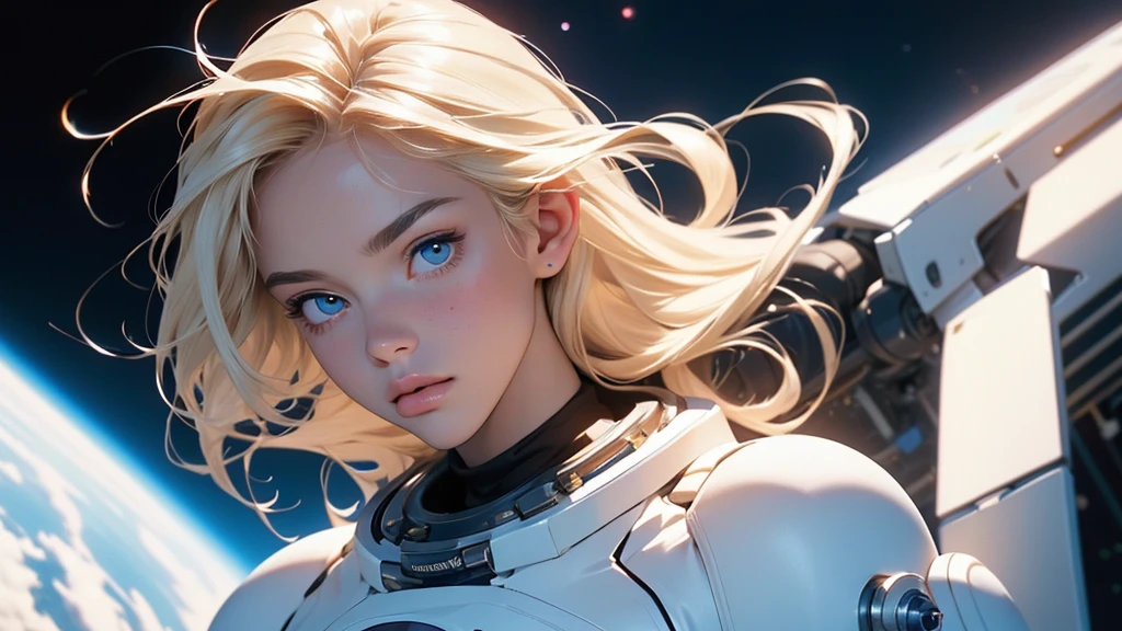 An ultra hot gorgeous European woman. Age23. Blonde straight hair. astronaut clothes white and blue provocative | floating in the space. space background. Perfect anatomy, perfect hair, perfect breast, perfect body, perfect hands, perfect face, perfect eyes, accurate, anatomically correct, perfect clear and crisp focus, UHD, masterpiece, ((blurry background))