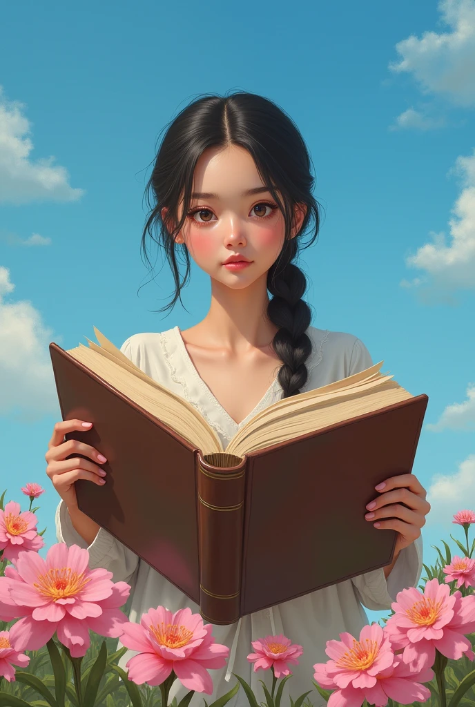 A is standing behind a big book and she is looking at us, the sky is blue and there is pink flowers on the floor