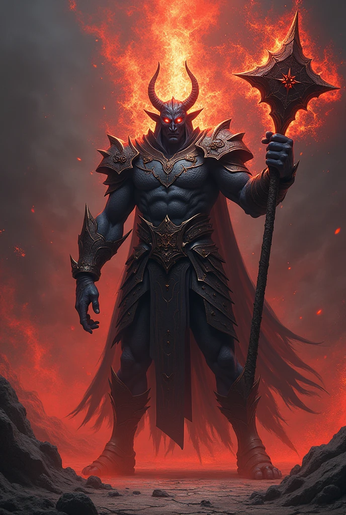 Evil Asura God Wielding a Star Mace With Fire Dark Fantasy