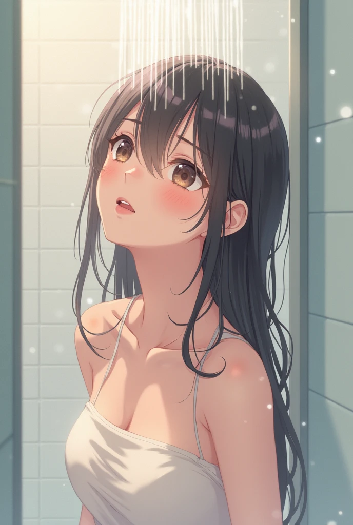 Flustered Anime girl with no clothes embarrassed when someone walk in on her in the bath
