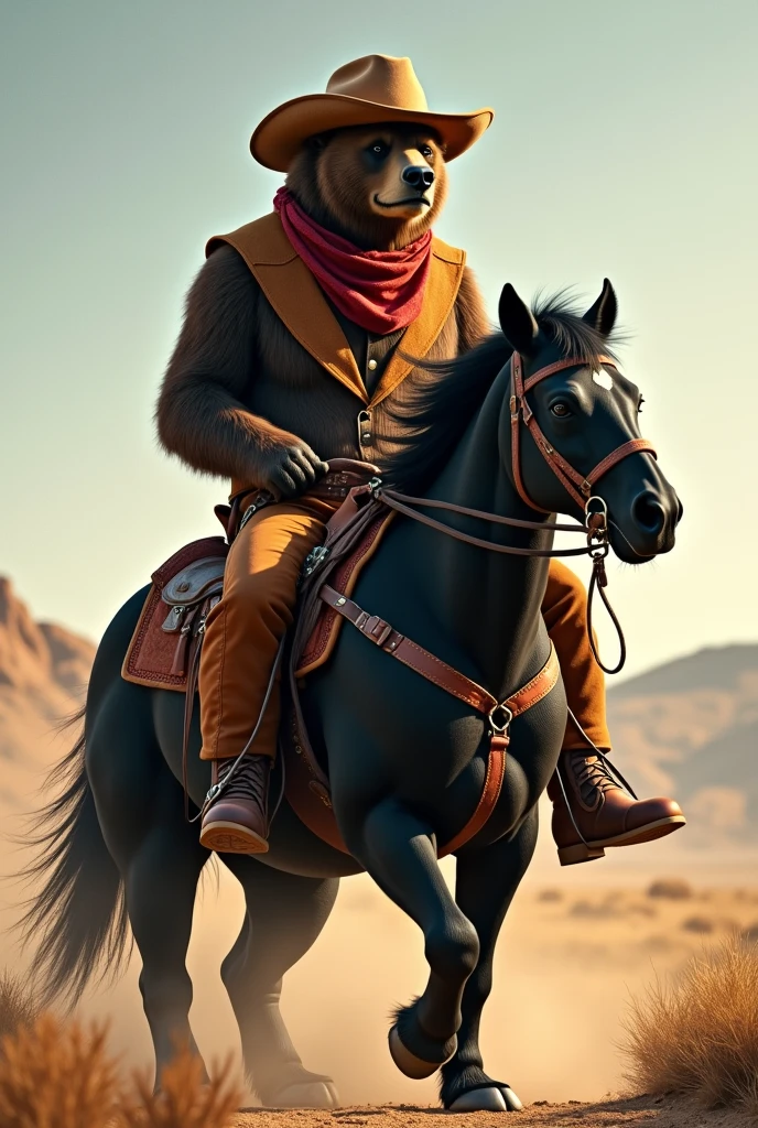 Animal bear as a cowboy on black horse
