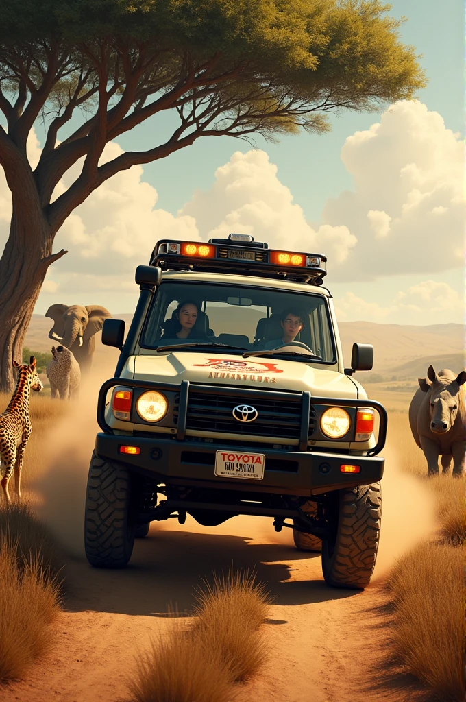 A tour land cruiser written JJ ADVENTURES AND SAFARIS on a road in the savannah land ,with a canopy tree besides the road surrounded by an elephant, leopard, giraffe and a rhino 