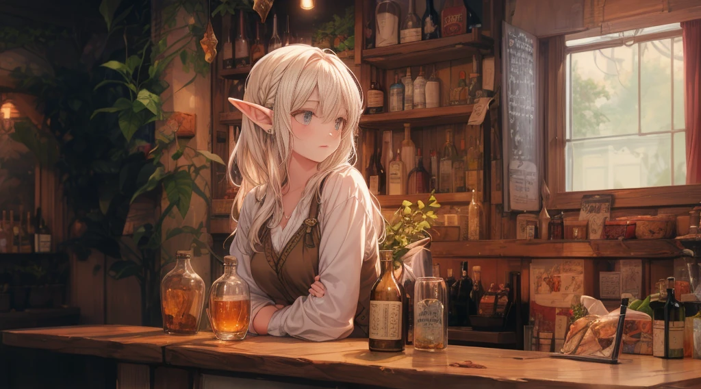 A cozy, stone-built elven bar with an elegant elf bartender preparing a drink for a customer, depicted in an anime style. The elf has delicate features, long flowing hair, and pointed ears. The bar is warmly lit by candlelight, with vintage bottles and glasses lining the wooden counter. The atmosphere is serene and inviting, perfect for a calm evening. The anime style adds a touch of fantasy and whimsy, capturing the magical and mystical nature of the elven world.