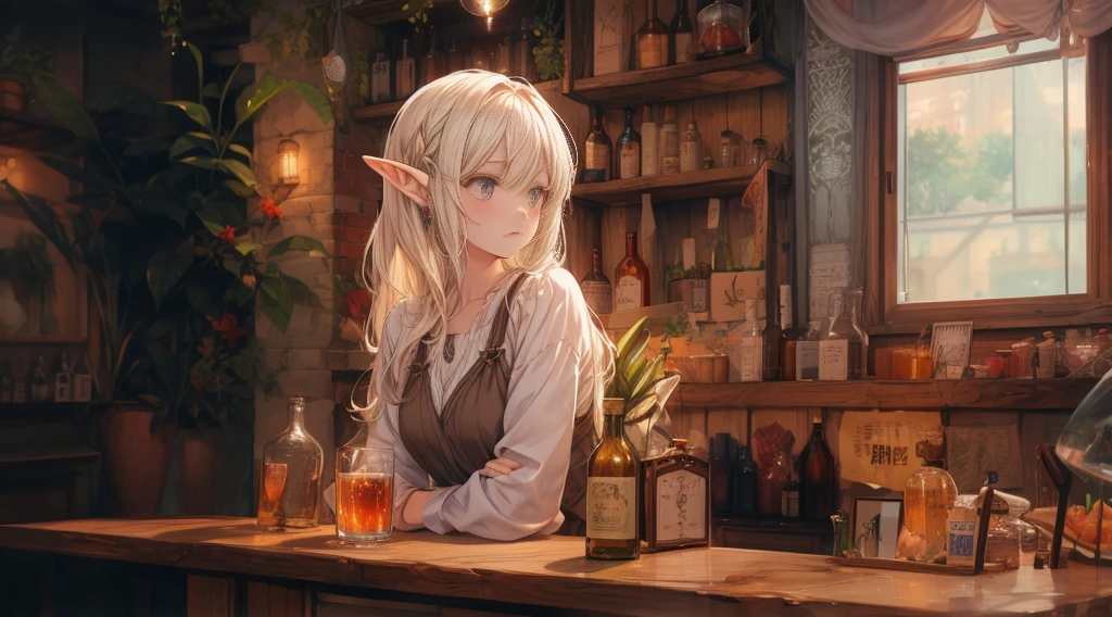 A cozy, stone-built elven bar with an elegant elf bartender preparing a drink for a customer, depicted in an anime style. The elf has delicate features, long flowing hair, and pointed ears. The bar is warmly lit by candlelight, with vintage bottles and glasses lining the wooden counter. The atmosphere is serene and inviting, perfect for a calm evening. The anime style adds a touch of fantasy and whimsy, capturing the magical and mystical nature of the elven world.