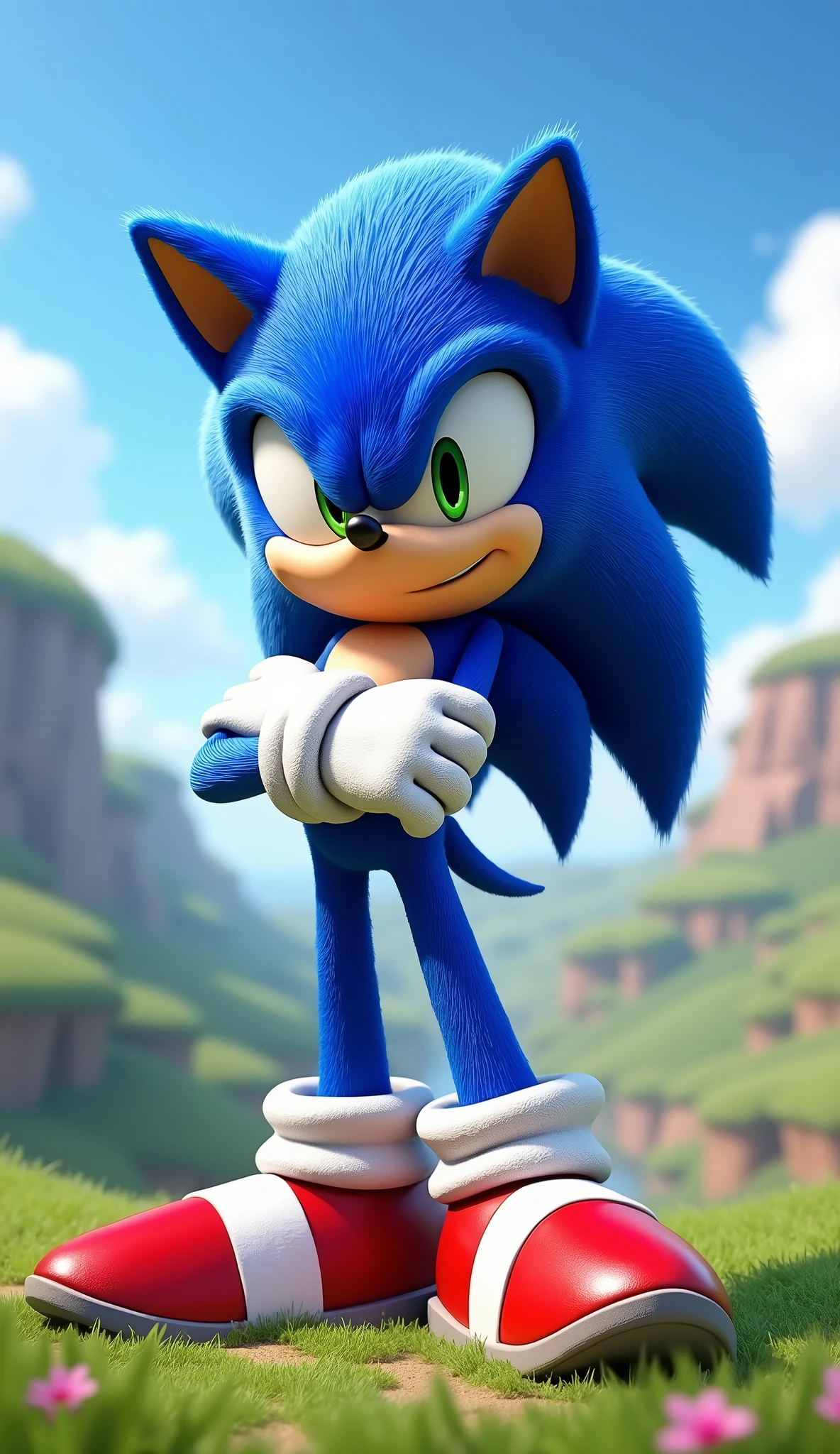 Sonic the hedgehog standing in front with his arms crossed and smiling