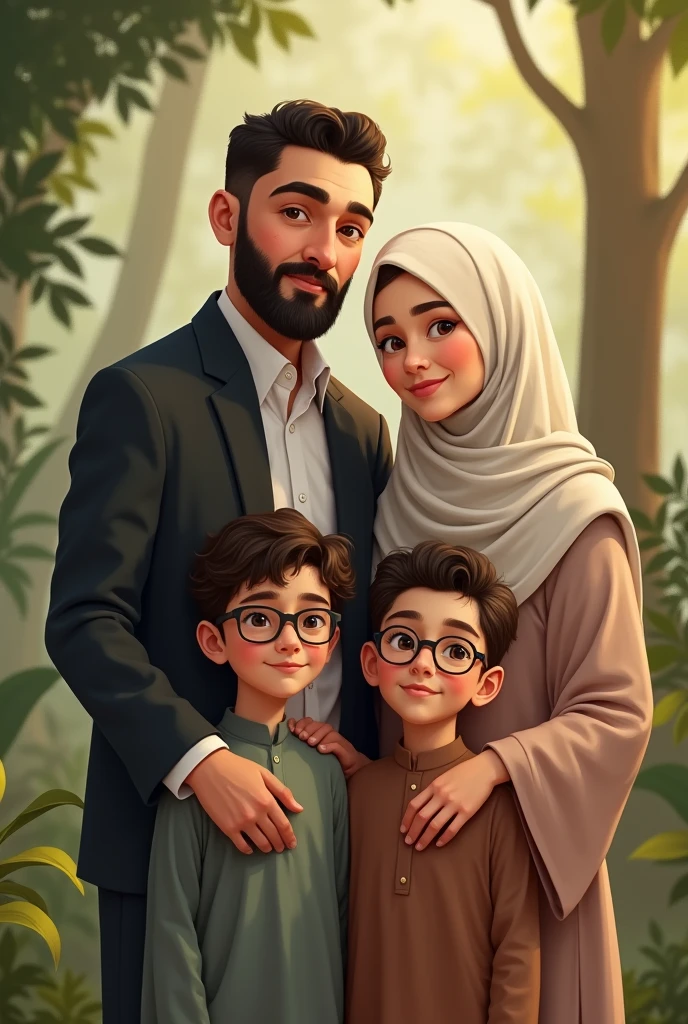 Muslim family containing one father one mother, one elder son and one younger son wearing glasses