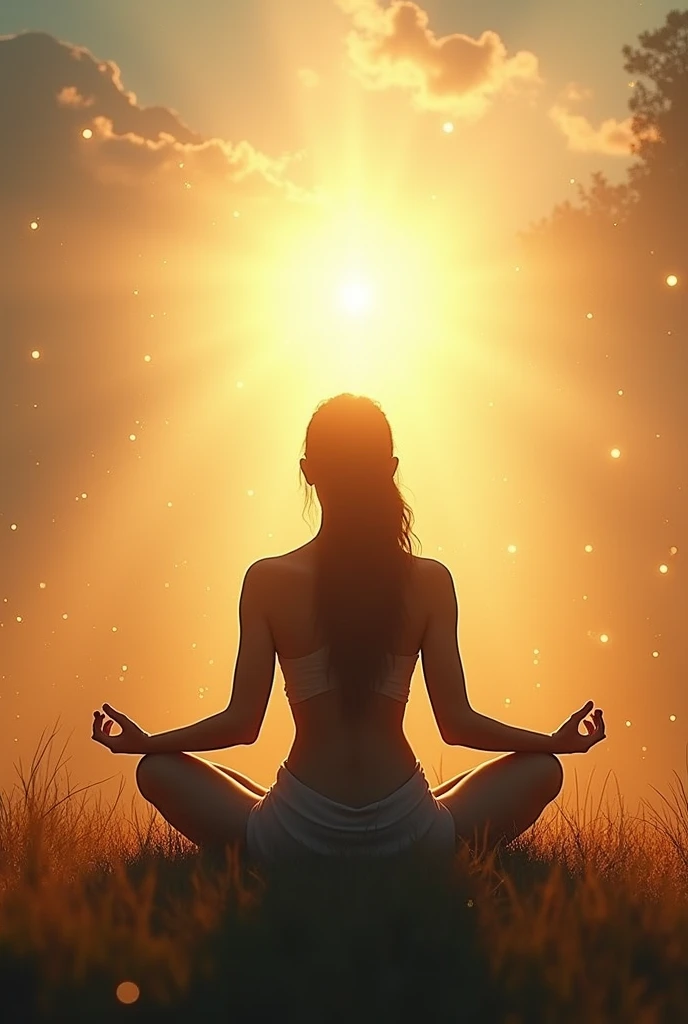Create a calming thumbnail with a serene background, such as a peaceful sunrise or tranquil landscape. Overlay the text "Gayatri Mantra for Inner Peace" in a clean, elegant font. Include soothing imagery like a meditating figure or a radiant light to emphasize spirituality. Use warm, inviting colors like soft golds and blues, and add subtle glow effects to enhance the positive, uplifting vibe. This approach will visually capture the essence of tranquility and spiritual growth. Youtube 16:9
