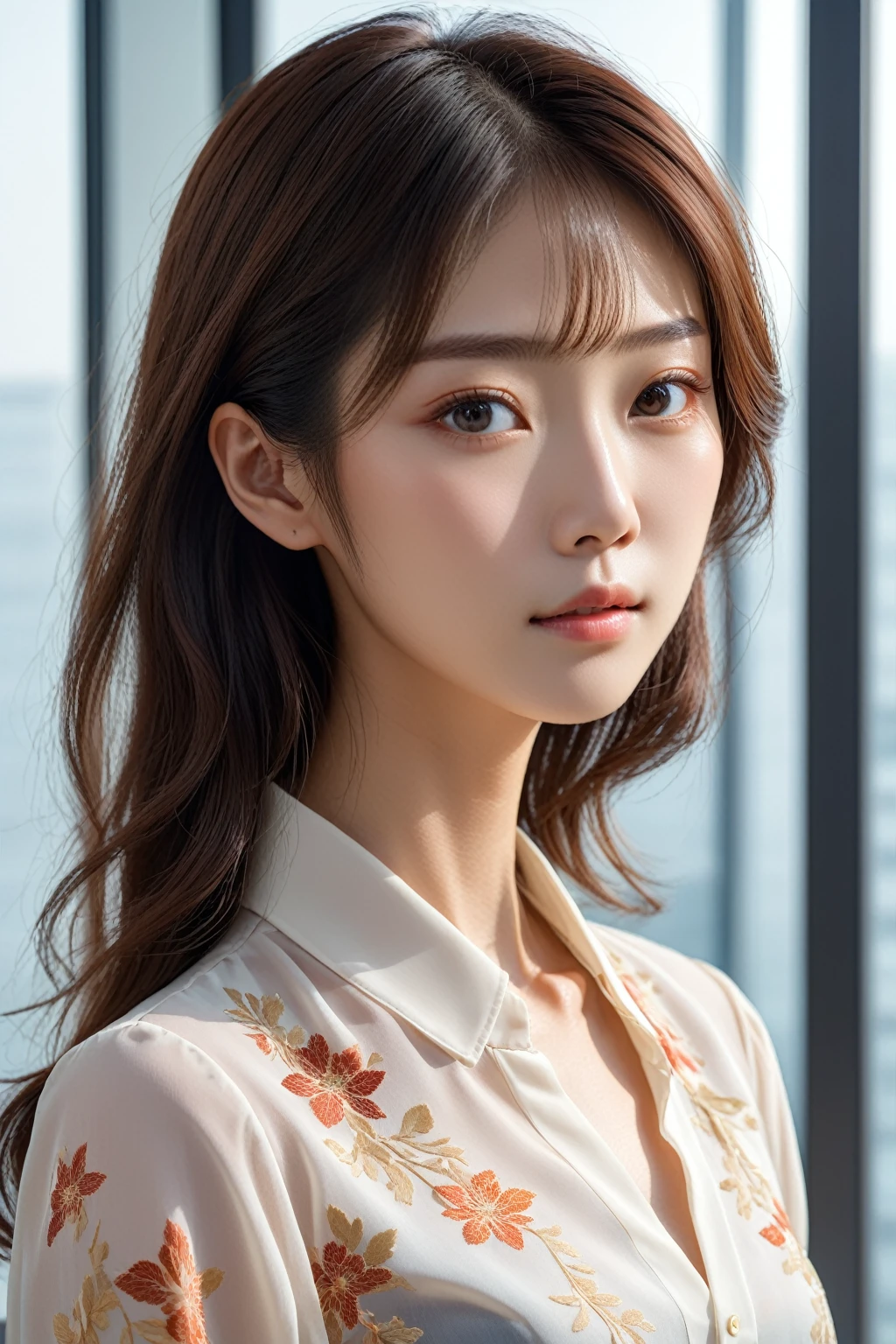 japanese women, detailed facial features,chiffon blouse, professional photography, (best quality,4k,8k,highres,masterpiece:1.5),ultra-detailed,(realistic,photorealistic,photo-realistic:1.37),intricate details,delicate skin,soft lighting,warm tones,cinematic,portrait,simple office,
