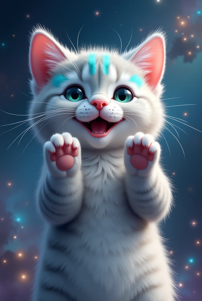 raise a cute and happy cat, he has his paws up, com as patas para cima, it is light gray, with turquoise, hiper 真实感, 真实感, super realistic the background is galaxy stars
