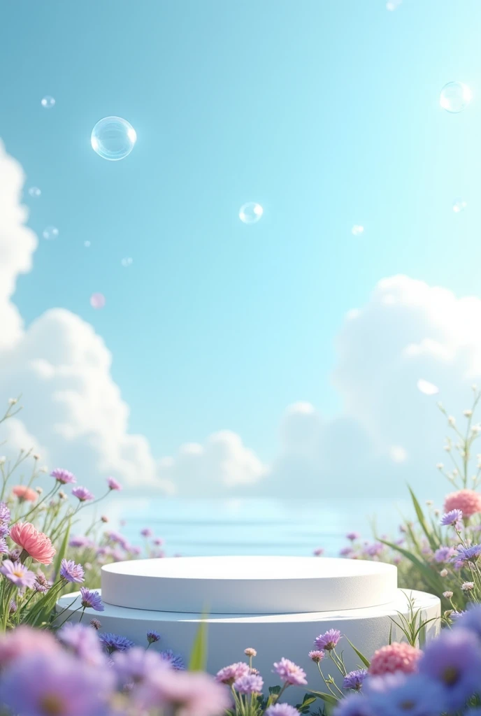 white podium made of white smooth Stone in a spring field of colorful purple pink blue flowers. Image should show the blue sky with blue clear bubbles floating around.