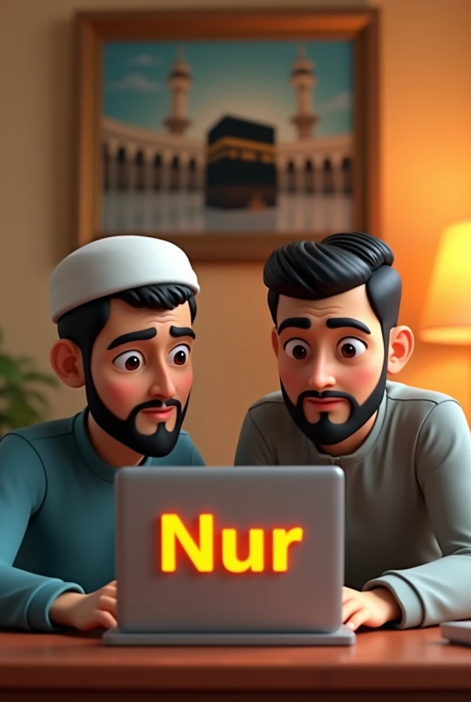 Creat 3D animated muslim single 2 Men setting on with a laptop and laptop back side Written a name Nur Orenge colour. And he looking in camera and Background is a room . Mecca madina photo fram hanging in wall .