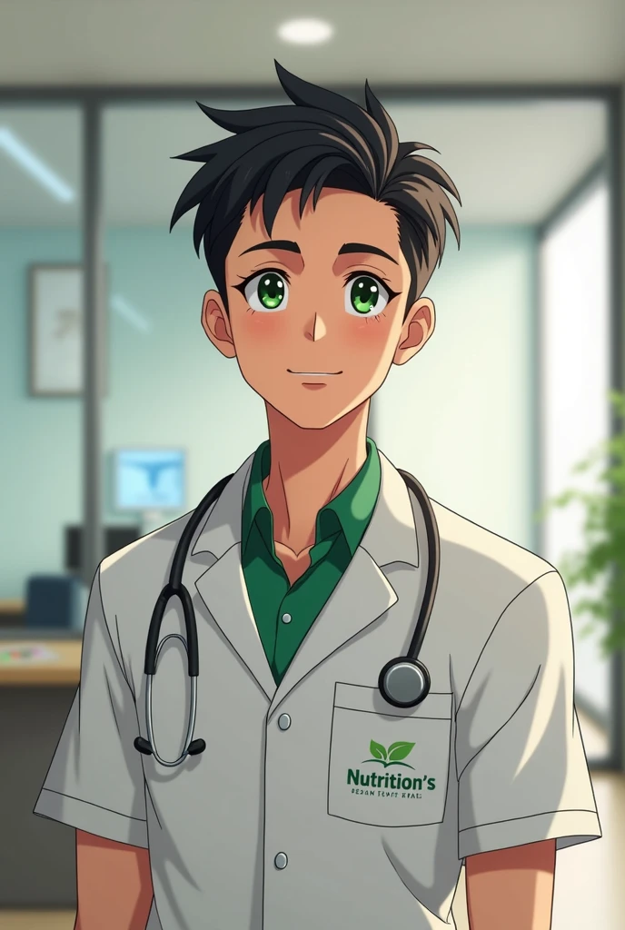 A male nutritionist in a nutritionist uniform ,Bblack hair ,3d anime character , 30 years old and Brazilian green eyes