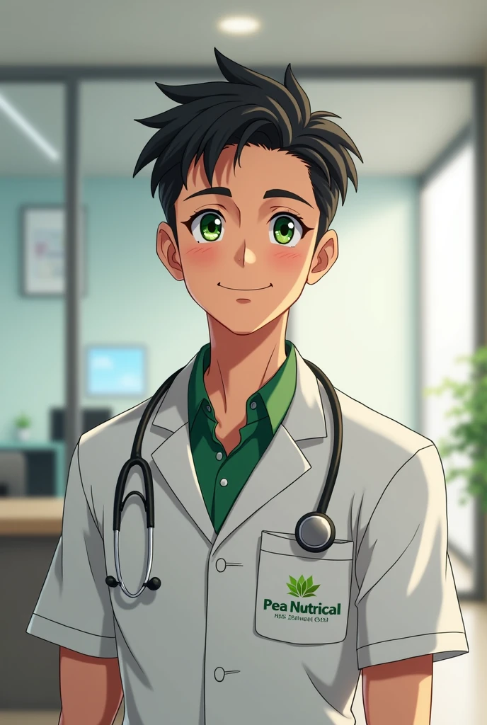 A male nutritionist in a nutritionist uniform ,Bblack hair ,3d anime character , 30 years old and Brazilian green eyes