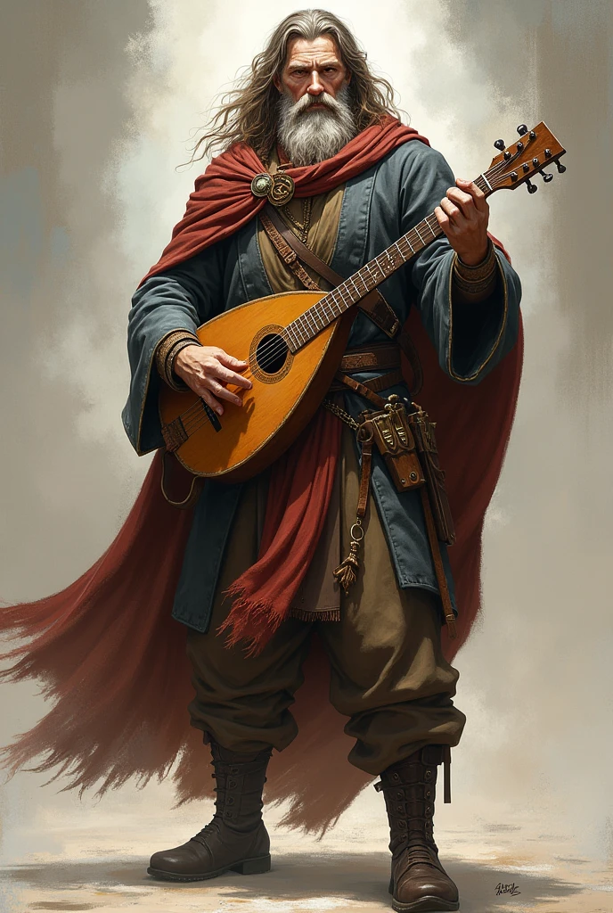 A human male bard of d&d 5e old man of about 40 years old athletic long hair , full body image , front and back with a lute