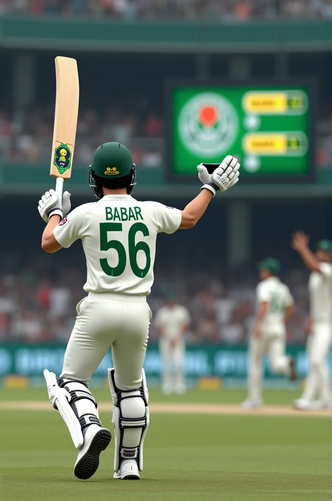 Aa realistic 3D image of a batsman (cricketer) of Pakistan in white coloured test kit (white jersey white trousers)a proper test kit which a cricketer wears but the arms of the kit should be half (half sleeved kit) and the cricketer is 5 feet and 10 inches tall and the image depicting his bakside and on the bak of his jersey it is written in bold letters "BABAR" and below it 56 is written and all this written in green colour while he jumped in the air with his raised bat which is made of wood and a wite coloured grip on the bat with "GRAY-NICOLLS"written on the middle of the bat in bold letters and him wearing a white coloured arm guard on his left arm with a cricket helmet of green colour on and on the sides of it ""GRAY-NICOLLS" written in a tiny formart and the cricketing gloves of white and green colour on his both hands and a pair of white sports shoes which should have the yellow WINK EMOJI on both the shoes and more importantly this picture should be shown as it is on a LED TV of black colour in a stadium with a few bangladeshi players in white test kits there,the view should be seen clearly and on the bottom of the screen on the TV it is written PAKvsBAN and it should be written "BABAR 103 and beside it in a tiny format is written 62" and it should also be written "RIZWAN 57 and beside it in tiny format is written 31" and after that is written "SHAKIB and beside it is written 3.3 in a tiny format"and this all to be written on the bottom of the tv screen in one line in black colour"and a 20 year old girl in a beautiful room with a smartphone in her hand clicking the picture of the scenario described above from the LED TV with happiness and excitment wearing a white and black coloured beautiful kurti and plazo with a dupatta on her both shoulders covering her chest,with open black hair and in her room there should be a calender of AUGUST 2024 which should be seen clearly and her room has a beautiful study table with books and lamp on it with a beautiful cupbo