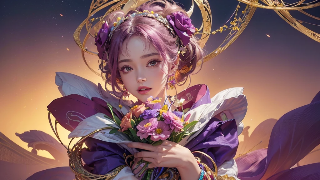 32K, 最高quality, 最高masterpiece, (ultra-Detailed Background, Detailed Background), High resolution, Super detailed, Very detailedな, 1 personの, (bouquet:1.3), (Tangled:1.2), (Geometric:1.2),(colorful),(masterpiece, quality, best quality, Official Art, Beautiful and beautiful:1.2), (1 person:1.3), Very detailed,(colorful:1.1)(Flowers:1.3),Most detailed,(Tangled:1.2), whole body, (Abstract background:1.3), (Skin glows), (Many colors:1.4), ,(Earrings Jewelry:1.5), Purple-red pale background, It's imaginative., Milk tea colored hair,