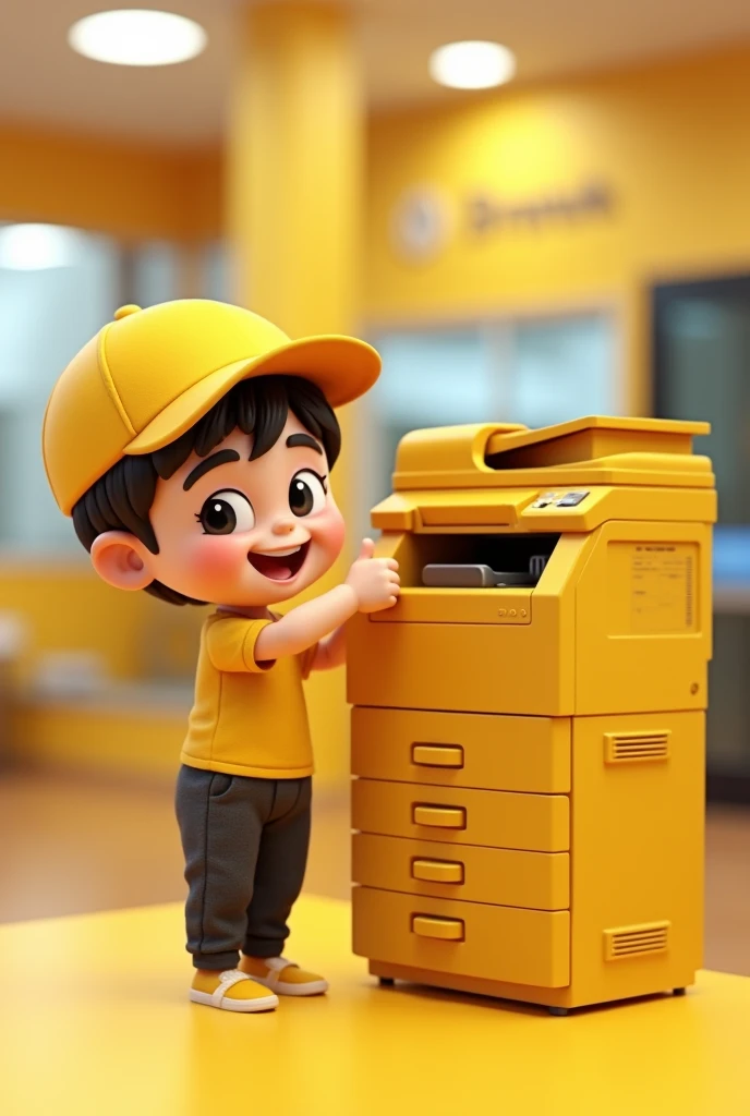 In a shop boy 3d Doodle wear Black pajama and yellow color t- shirt and cap standing with yellow photocopy machine,boy doodle and photocopy machine make same sizes and boy and in happy mood showing thumbs up 