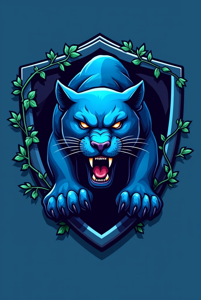make a shield sports logo with blue panther and ivy, make it look like a panther is almost coming out of it