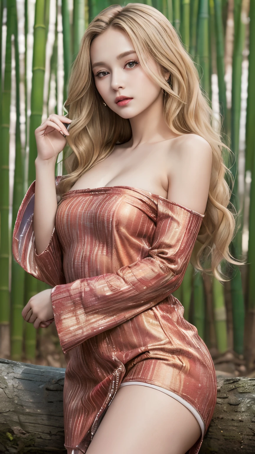 ((best quality, 8 thousand, masterpiece:1.4)), (20 year old woman), ((very small face:1.3)),  Highly detailed face and skin textures, detailed eyes, (Italian woman), (blonde wavy very long hair:1.3), (Open shoulder bare sleeve neck polar dress:1.4), Thin legs, glamorous body, bamboo panda background, thighs, Transparent stockings, very big breasts, 