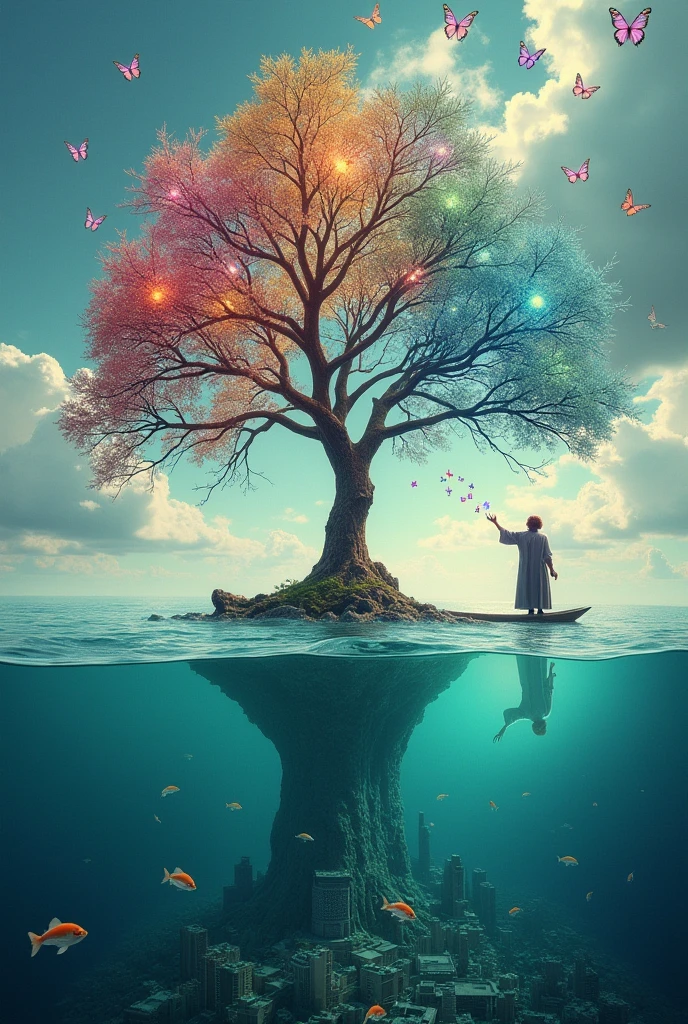 A colossal tree made entirely of shimmering glass stands in the middle of an endless ocean. Each branch is adorned with glowing orbs that pulse like distant stars. A flock of birds with kaleidoscope wings circles the tree, leaving trails of rainbow light. Below, the ocean is transparent, revealing a city submerged beneath the waves, where buildings float upside-down and fish swim through the air. The sky above is a swirl of colors, shifting between day and night. A lone figure in a flowing cloak stands on a small wooden boat, reaching out towards the glass tree with a hand that dissolves into a cloud of butterflies