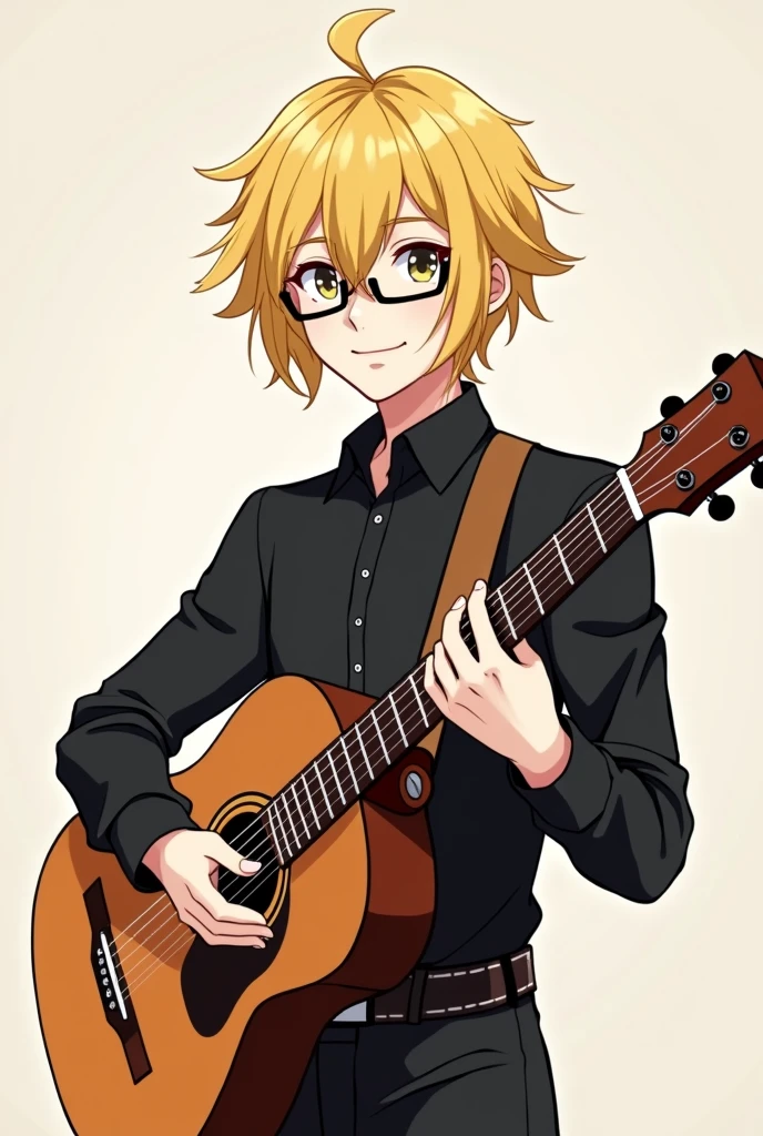 Blonde hair anime man with glasses and a black rublime shirt and a brown guitar