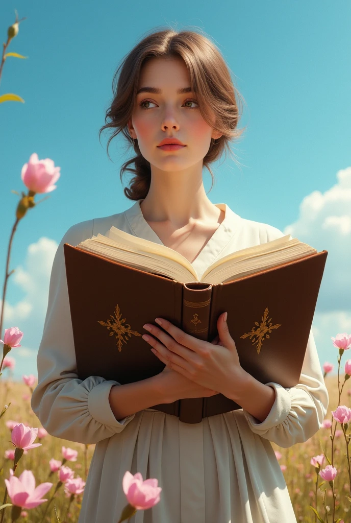 A European is standing behind a big book and she is looking at us, the sky is blue and there is pink flowers on the floor