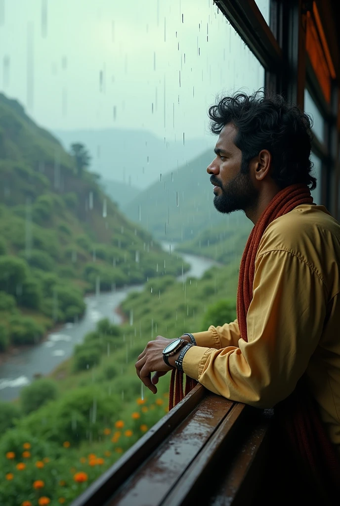 A man travelling in train in india with beautiful nature view in rain