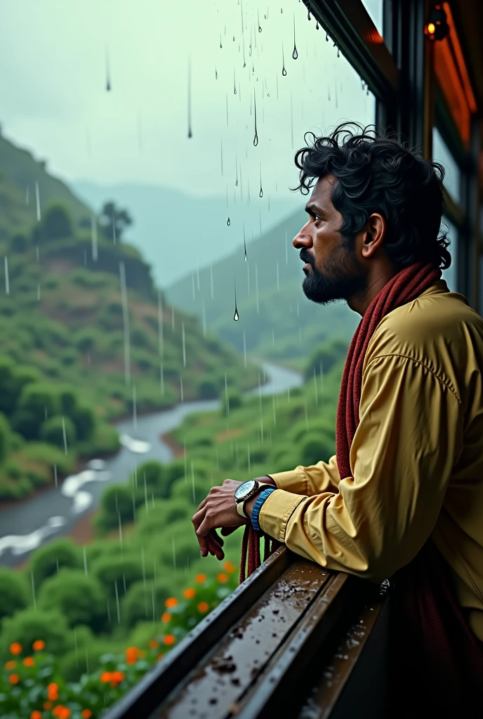 A man travelling in train in india with beautiful nature view in rain