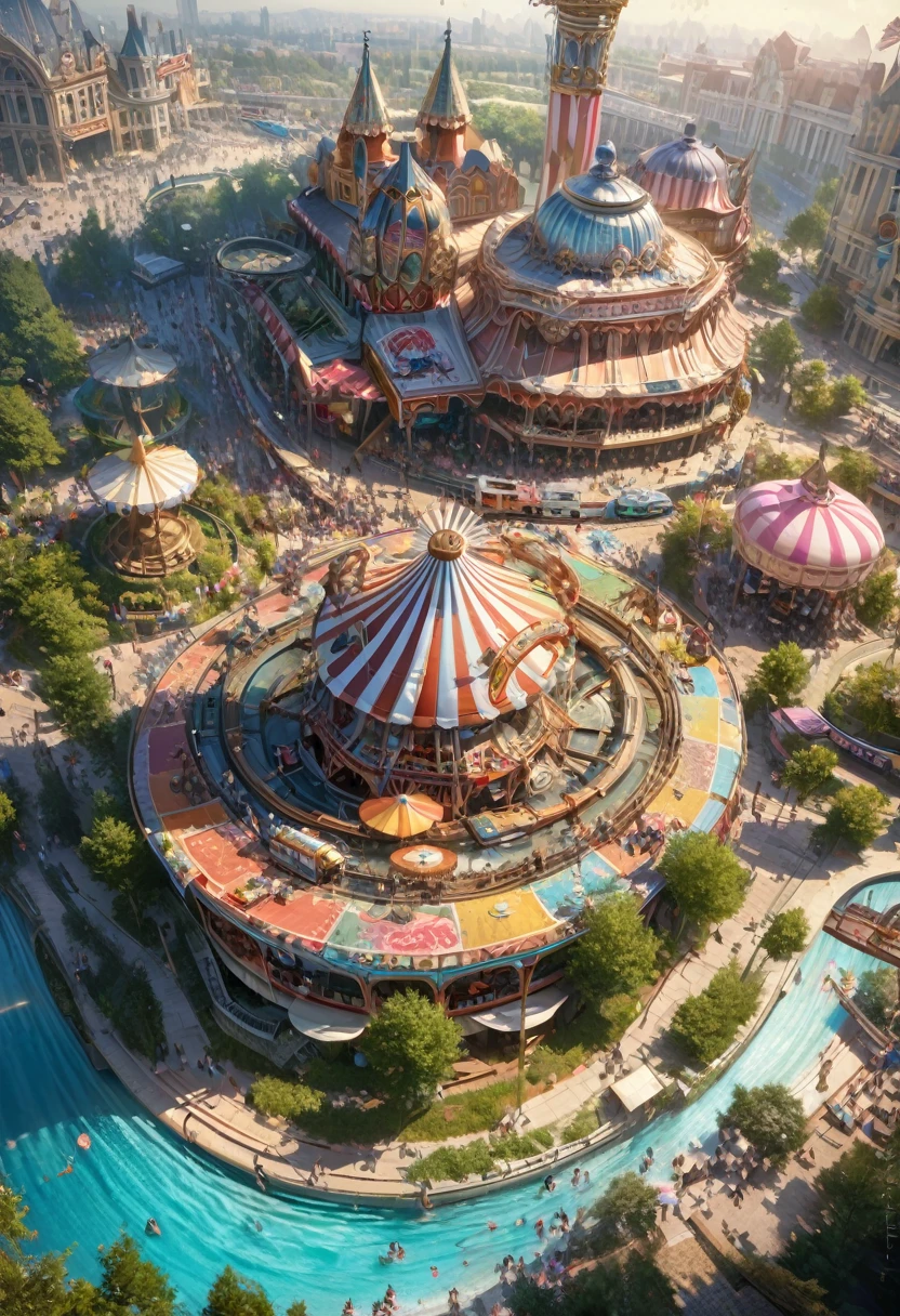 a detailed colorful amusement park map, highly detailed amusement park map, vibrant colors, intricate design, winding paths, lush greenery, various rides and attractions, roller coasters, ferris wheel, carousel, cotton candy stalls, popcorn stands, detailed architecture, whimsical and fantastical elements, (best quality,4k,8k,highres,masterpiece:1.2),ultra-detailed,(realistic,photorealistic,photo-realistic:1.37),concept art