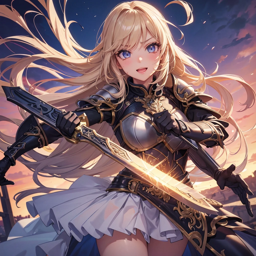 (high quality, 8k, 4K, High Contrast, masterpiece:1.2, 最high quality, Best aesthetics), Very detailed, PVC, Female Figures, woman wielding a large sword, Ornate Armor, Flowing Hair, Intense expression, intense battle scene, Bright colors, powerful stroke, High Contrast, Heroic figures, Detailed armor and weapons, Dynamic pose, Uplifting, Cute face, Beautiful Face, Long eyelashes, Highly detailed eyes, Highly detailed face, Glossy lips, Open your mouth, smile, Cowboy Shot, PCV figure shooting_Plain background.
