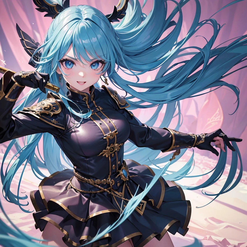 (high quality, 8k, 4K, High Contrast, masterpiece:1.2, 最high quality, Best aesthetics), Very detailed, PVC, Female Figures, woman wielding a large sword, Ornate Armor, Flowing Hair, Intense expression, intense battle scene, Bright colors, powerful stroke, High Contrast, Heroic figures, Detailed armor and weapons, Dynamic pose, Uplifting, Cute face, Beautiful Face, Long eyelashes, Highly detailed eyes, Highly detailed face, Glossy lips, Open your mouth, smile, Cowboy Shot, PCV figure shooting_Plain background.