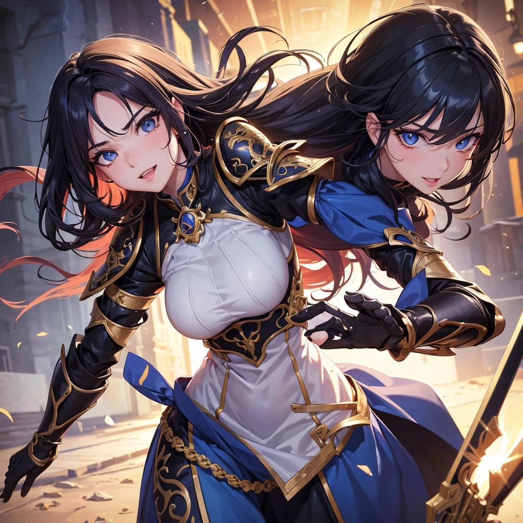 A majestic artwork of a graceful female paladin standing in a grand, medieval landscape. The full-body view reveals her adorned in exquisitely designed armor that combines elegance and strength. Her gleaming silver armor is intricately engraved with swirling patterns and symbols of protection and valor. The breastplate features delicate filigree and gem inlays, while her gauntlets and greaves are finely etched, catching the light with every movement. She wears an ornate, deep purple cape that flows gracefully behind her. Her long black hair is tied in a sleek ponytail, cascading down her back, complementing her regal appearance. Her striking amethyst purple eyes, filled with resolve and determination, enhance her beauty and strength. She carries a beautifully crafted shield, embossed with intricate heraldic symbols and protective runes, its edges reinforced with gold trim. In her other hand, she wields a formidable mace, adorned with intricate engravings and inlaid gemstones that shimmer softly. The background features a sprawling castle with tall spires against a dawn sky. Rolling hills and lush meadows stretch out before her, with a serene river winding through the landscape. Birds take flight in the early morning light, enhancing the sense of peace and anticipation. The paladin stands poised and ready, embodying both grace and power, a guardian of the land and a beacon of hope for all who gaze upon her. Her presence is commanding and inspiring, a true paragon of beauty and strength.