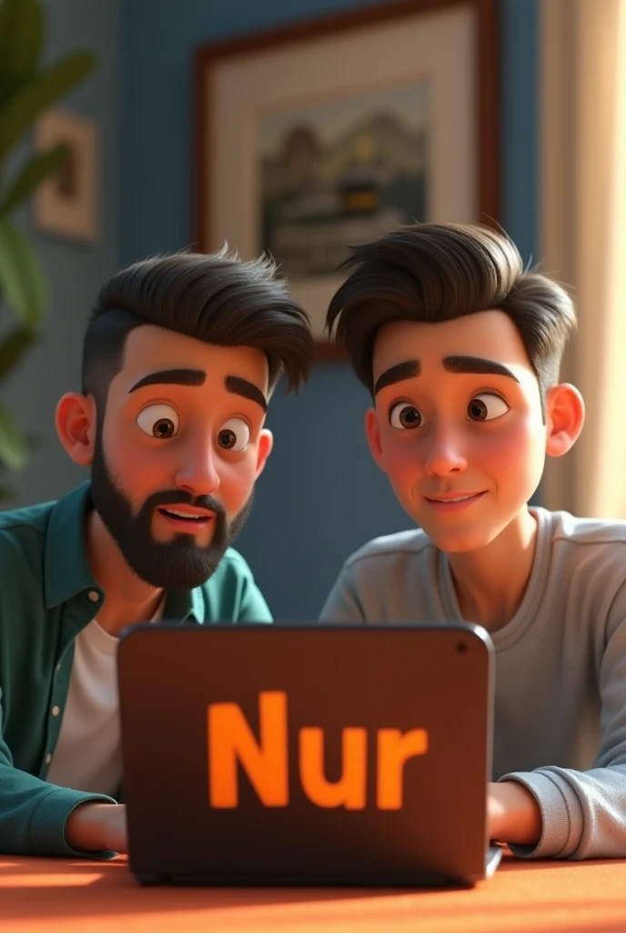 Creat 3D animated muslim single 2 Men setting on with a laptop and laptop back side Written a name Nur Orenge colour. And he looking in camera and Background is a room . Mecca madina photo fram hanging in wall .