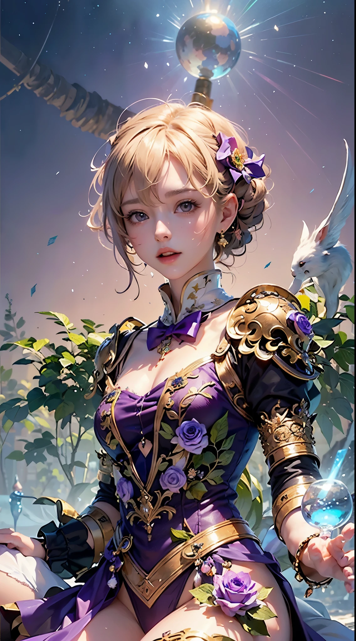 Rose、masterpiece, Highest quality, Highly detailed CG Unity 8k wallpaper,((Upper Body)) ,((Upper Body head close-up shot of a beautiful  girl)), , Elegant long straight blonde hair, (Mckenna Grace), ((Flat Chest,Thighs,Self-illuminating skin)),transparent (Purple green) Golden (Sparkly tutu,long rabbit ears headgear, , bow tie, No pants, Genitals are visible), ((Sitting,Spread your legs)),(), (blush), , (), (Ice and snow world), Pretty face, Key Art, Awards, intricate detail realism hdr, by (Luan Jia, Altgerm and Range Murata), Photorealism, Hyperrealism, Ultra-realistic, Dramatic Light, Strong Shadows, Nice views, Depth of written boundary