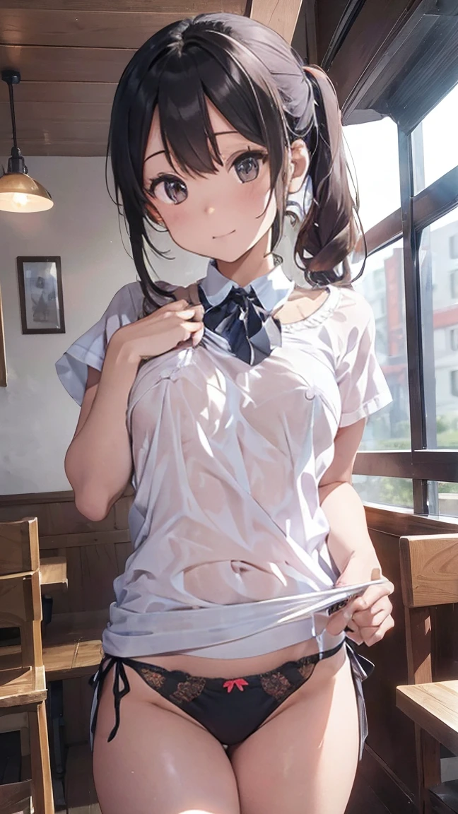 ((Highest quality)), (detailed), Perfect Face、((Highest quality)), (detailed), Perfect Face、Work as a manager at a popular cafe, 3、In a café in the daytime, ((Stand and show)), Spread your legs, ブラウス, ID card hanging from neck, Take off your black panties、　Holding the panties you took off in your hands、Angle from the front、((She has panties、Showing it to me。:1.5))、((Erect nipples: 1.1)), ((　Small breasts :1.5　)), ((Small round areola :1.3, ライトピンク:1.3 )), (((スカートめくり, ズボンがない, Genitals are visible))), ((masterpiece)), ((masterpiece))