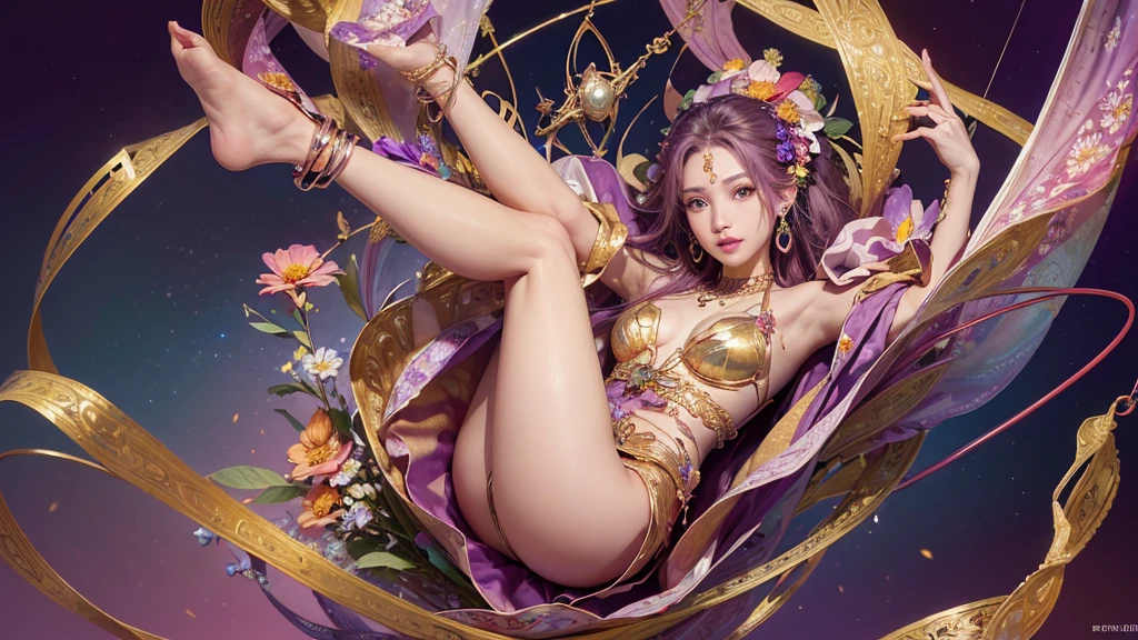32K, 最高quality, 最高masterpiece, (ultra-Detailed Background, Detailed Background), High resolution, Super detailed, Very detailedな, 1 personの, (bouquet:1.3), (Tangled:1.2), (Geometric:1.2),(colorful),(masterpiece, quality, best quality, Official Art, Beautiful and beautiful:1.2), (1 person:1.3), Very detailed,(colorful:1.1)(Flowers:1.3),Most detailed,(Tangled:1.2), whole body, (Abstract background:1.3), (Skin glows), (Many colors:1.4), ,(Earrings Jewelry:1.5), Purple-red pale background, It's imaginative., Milk tea colored hair,