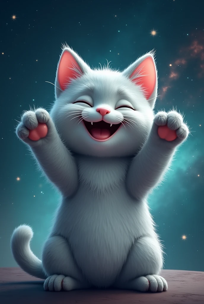 create a realistic cat, cute and happy, he has his paws up, com as patas para cima, it is light gray, with turquoise, hiper 真实感, 真实感, super realistic the background is galaxy stars