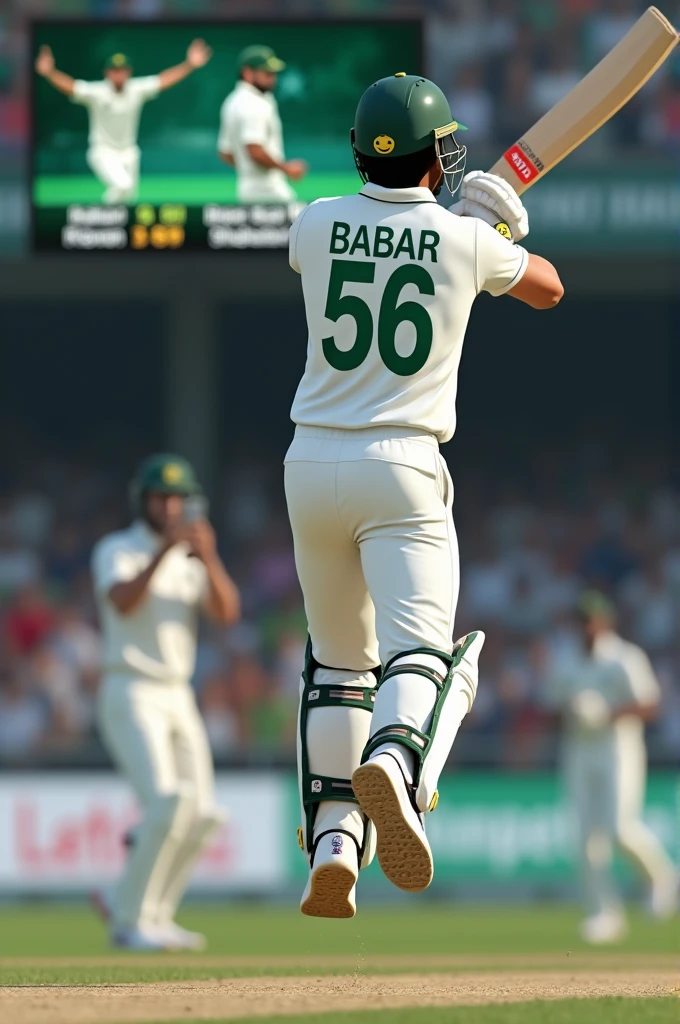 Aa realistic 3D image of a batsman (cricketer) of Pakistan in white coloured test kit (white jersey white trousers)a proper test kit which a cricketer wears but the arms of the kit should be half (half sleeved kit) and the cricketer is 5 feet and 10 inches tall and the image depicting his bakside and on the bak of his jersey it is written in bold letters "BABAR" and below it 56 is written and all this written in green colour while he jumped in the air with his raised bat which is made of wood and a wite coloured grip on the bat with "GRAY-NICOLLS"written on the middle of the bat in bold letters and him wearing a white coloured arm guard on his left arm with a cricket helmet of green colour on and on the sides of it ""GRAY-NICOLLS" written in a tiny formart and the cricketing gloves of white and green colour on his both hands and a pair of white sports shoes which should have the yellow WINK EMOJI on both the shoes and more importantly this picture should be shown as it is on a LED TV of black colour in a stadium with a few bangladeshi players in white test kits there,the view should be seen clearly and on the bottom of the screen on the TV it is written PAKvsBAN and it should be written "BABAR 103 and beside it in a tiny format is written 62" and it should also be written "RIZWAN 57 and beside it in tiny format is written 31" and after that is written "SHAKIB and beside it is written 3.3 in a tiny format"and this all to be written on the bottom of the tv screen in one line in black colour"and a 20 year old girl in a beautiful room with a smartphone in her hand clicking the picture of the scenario described above from the LED TV with happiness and excitment wearing a white and black coloured beautiful kurti and plazo with a dupatta on her both shoulders covering her chest,with open black hair and in her room there should be a calender of AUGUST 2024 which should be seen clearly and her room has a beautiful study table with books and lamp on it with a beautiful cupbo