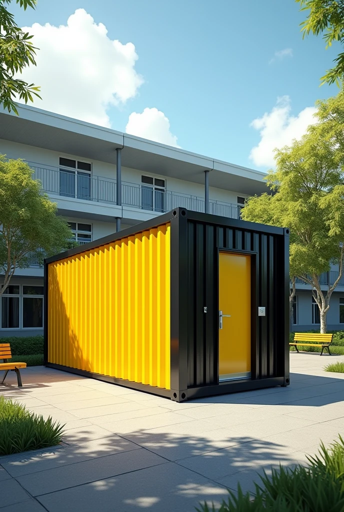 The container cabin is painted yellow and black. In the school grounds.Super Realistic