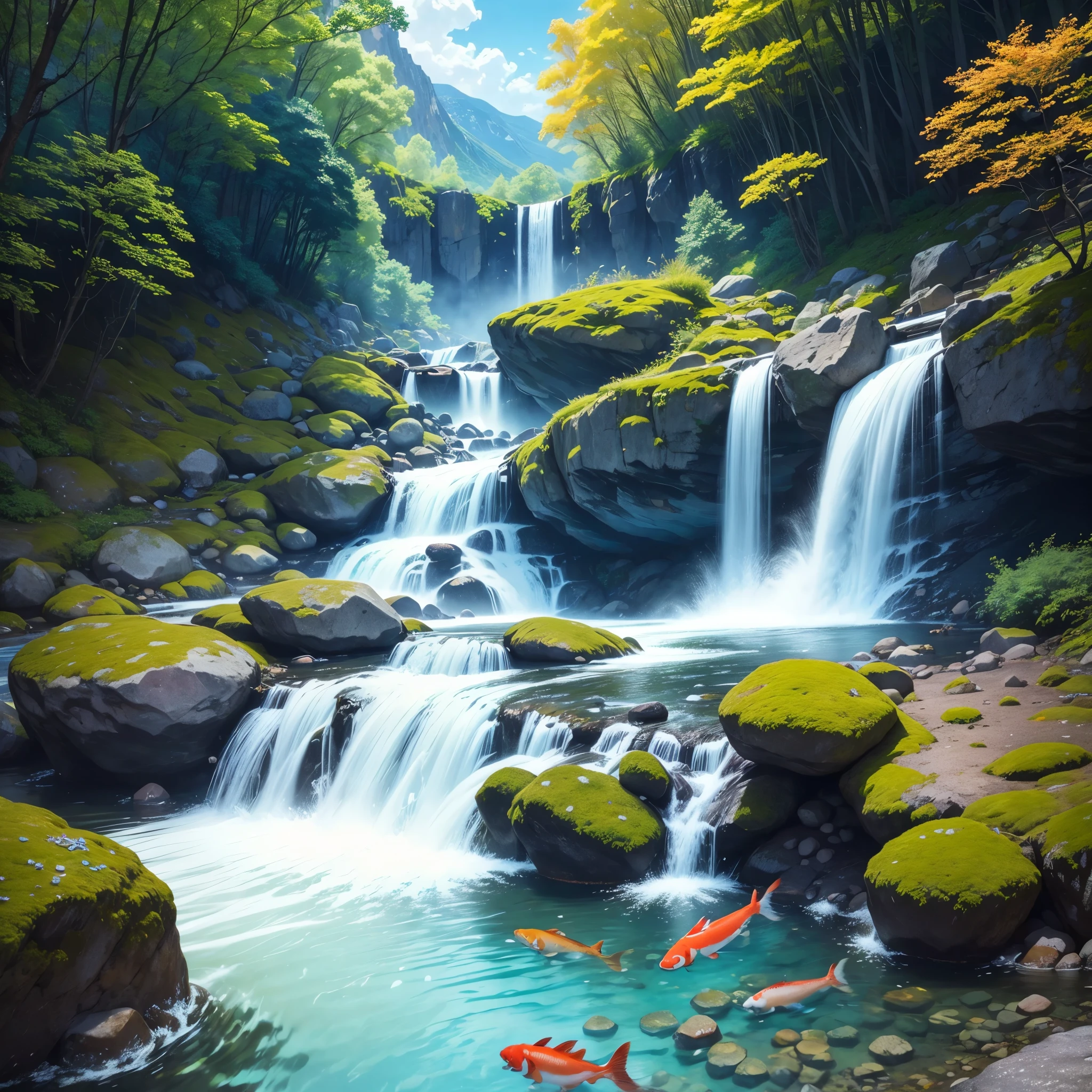 Waterfall,spring season,beautiful weather,different kinds of colorful rock under water,colorful leaves floating on water,a strong and wide water stream coming from mountain,medium wide river, blue bright sunny sky with some cotton like clouds,Vast sky,clear crystal water,4k quality,koi fish and salmon fish,detailed picture,detailed and realistic picture,natural,etc.