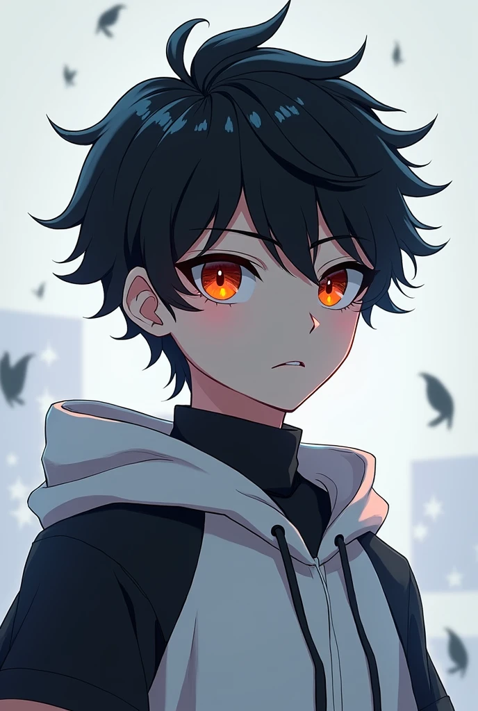A young boy in a anime theme with his visible aura eyes colour black and cloth white black