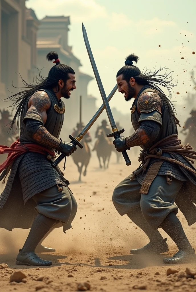 Absurd, High resolution, Super detailed, beautiful, masterpiece, Highest quality、水面に光がreflectionしている、reflection、Realな質感、Realistic、Real、Realistic、Blur、samurai、armor、Japanese sword、Fight、Combat Ready、anger、war、Broken Building、horse、inflammation、scratch、Two people、沢山のsamurai、Sword Sparks、In combat、sand、Open your mouth、sand埃、Holding a sword with both hands、
