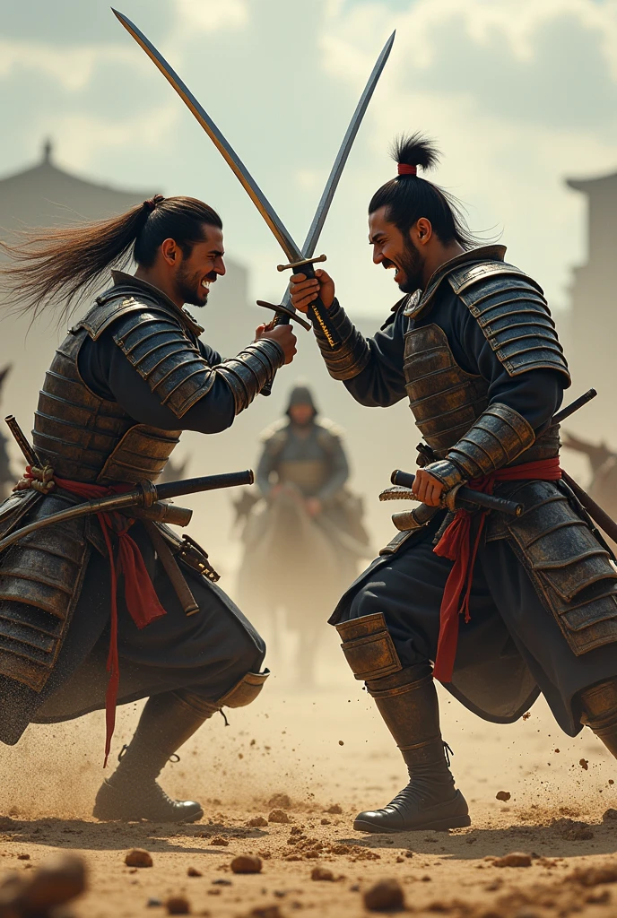 Absurd, High resolution, Super detailed, beautiful, masterpiece, Highest quality、水面に光がreflectionしている、reflection、Realな質感、Realistic、Real、Realistic、Blur、samurai、armor、Japanese sword、Fight、Combat Ready、anger、war、Broken Building、horse、inflammation、scratch、Two people、沢山のsamurai、Sword Sparks、In combat、sand、Open your mouth、sand埃、Holding a sword with both hands、